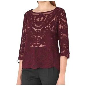 Reiss Alden Dark Red Lace Sheer Blouse